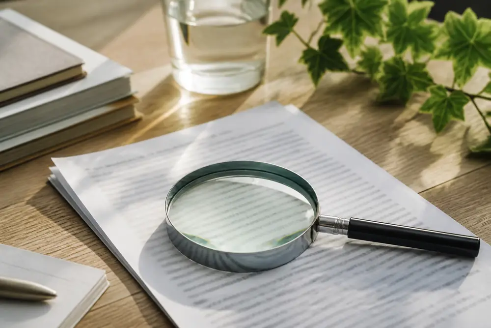 Une grande loupe posée sur un document dont les lignes sont floues, sur un bureau en bois clair, lumière du matin