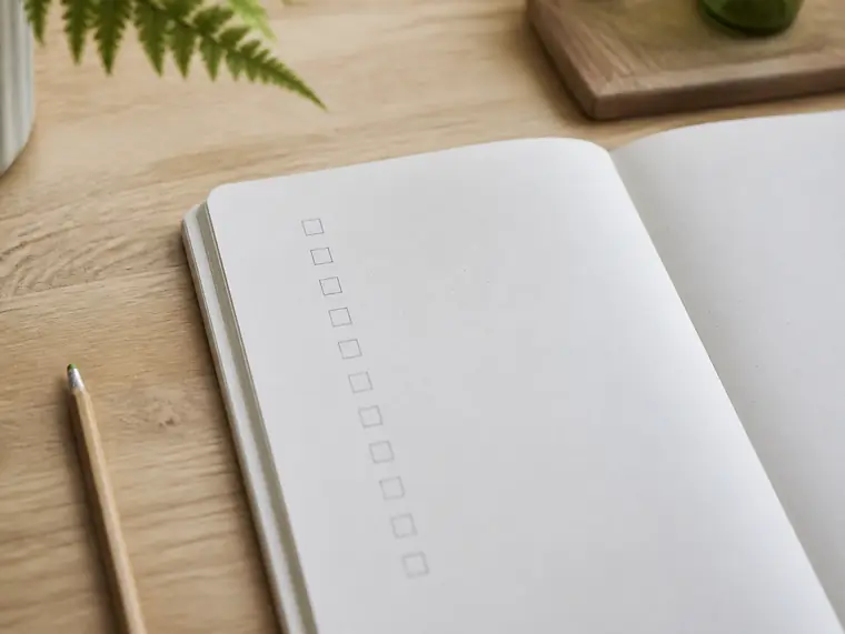Un carnet ouvert où une liste de cases vides alignées est dessinée au crayon