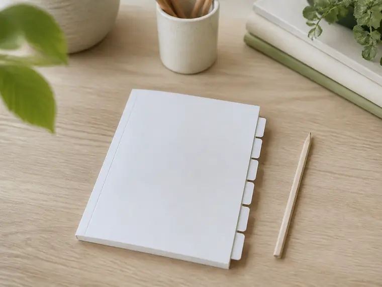 Un lexique aux onglets pâles et un crayon posés sur un bureau en bois clair