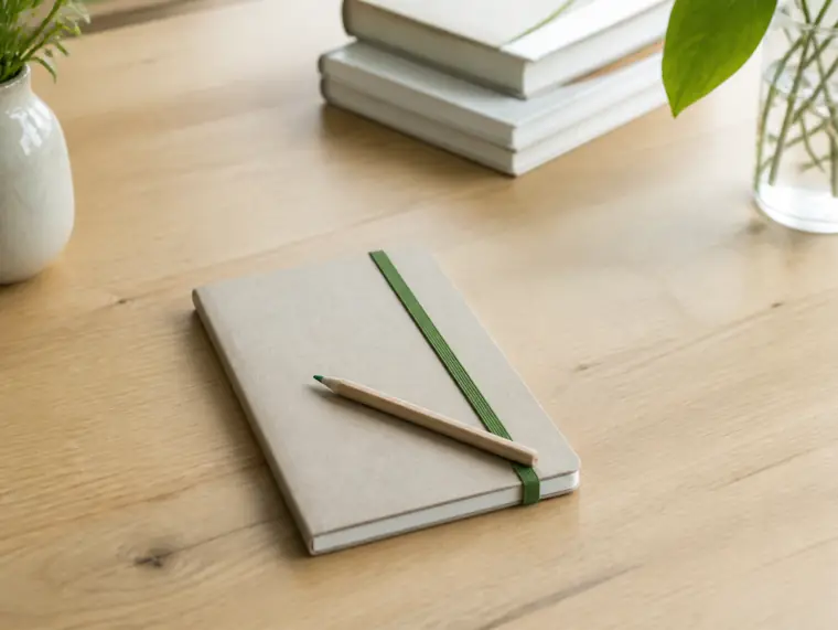 Un petit carnet fermé par un élastique vert, un crayon posé dessus