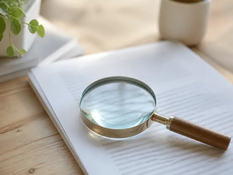 Une loupe posée sur une page aux lignes floues, sans texte lisible