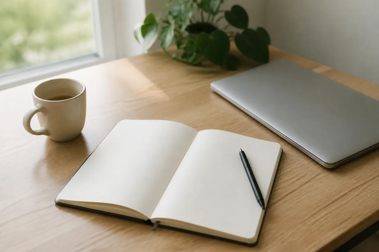 Un plan de travail d’indépendant vu en plongée oblique : carnet ouvert aux pages vierges, stylo, tasse, ordinateur portable fermé et plante verte sur du bois clair
