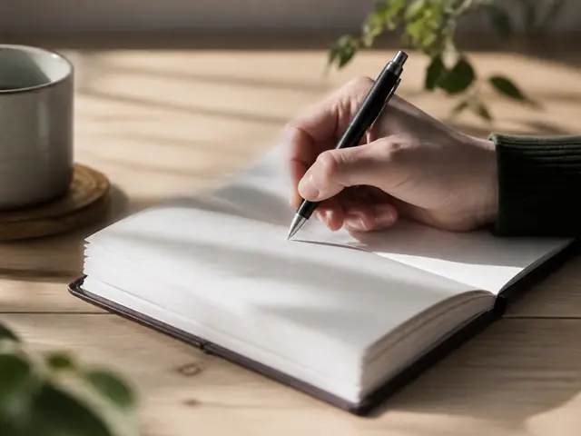 Une main écrit dans un carnet ouvert posé sur une table en bois, à côté d’une tasse