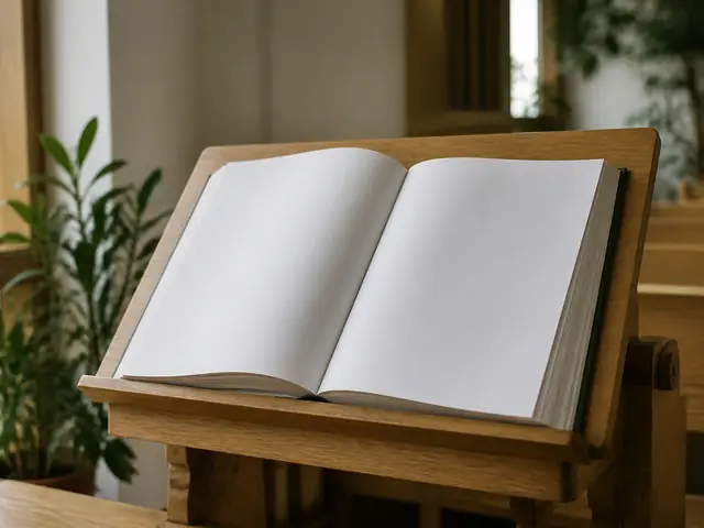 Un grand livre relié ouvert sur un pupitre en bois, pages vierges, lumière du matin