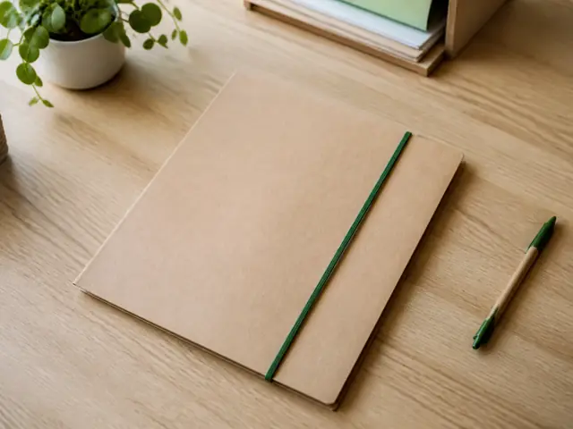 Un dossier à élastique vert posé sur un bureau, un stylo à côté
