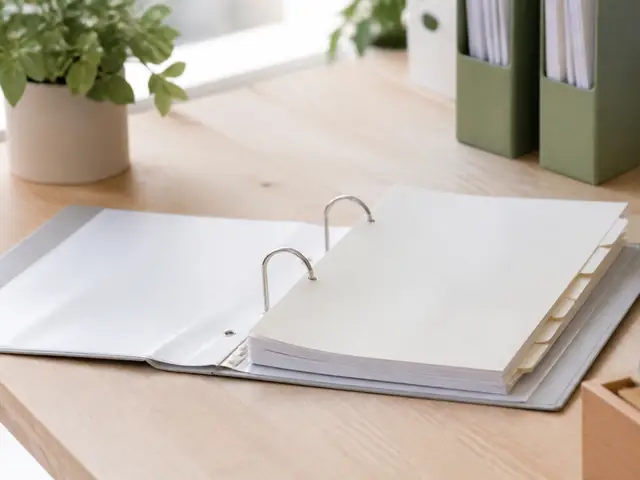 Un classeur d’archives ouvert avec des intercalaires pâles vierges, sur un bureau