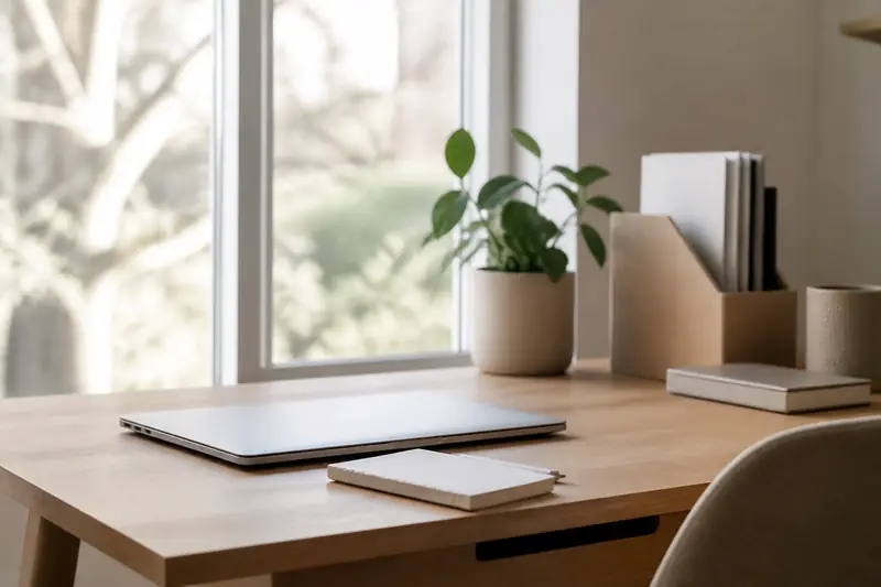 Un coin de bureau à domicile devant une fenêtre, lumière du matin, ordinateur portable fermé, carnet et plante verte