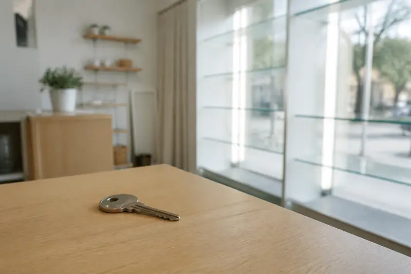 Une clé posée sur un comptoir en bois clair devant la vitrine vide d’une petite boutique, lumière douce