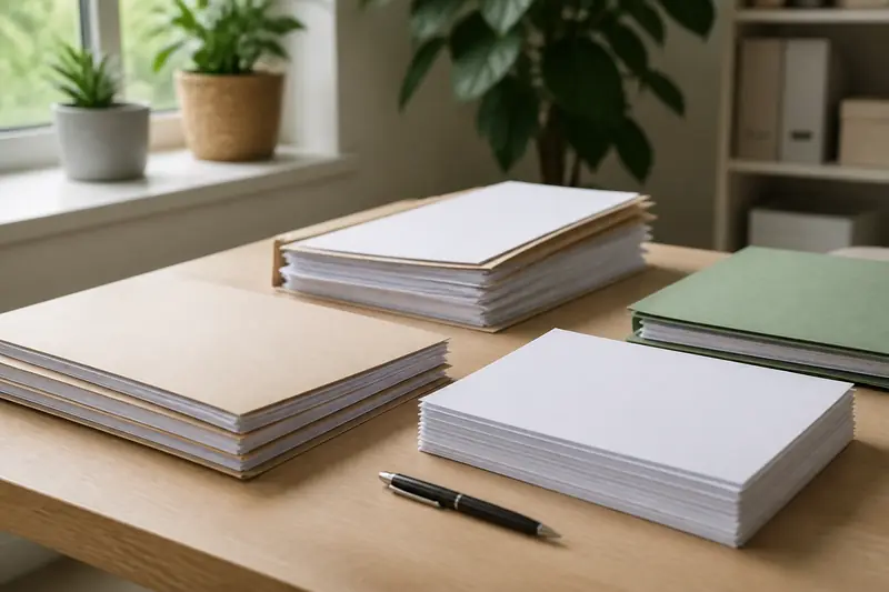 Des pochettes cartonnées et des documents rangés en piles nettes sur un bureau en bois clair, avec un stylo