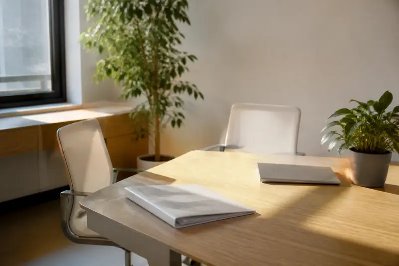 Une table de réunion en bois clair avec deux chaises vides, des dossiers fermés et une plante verte