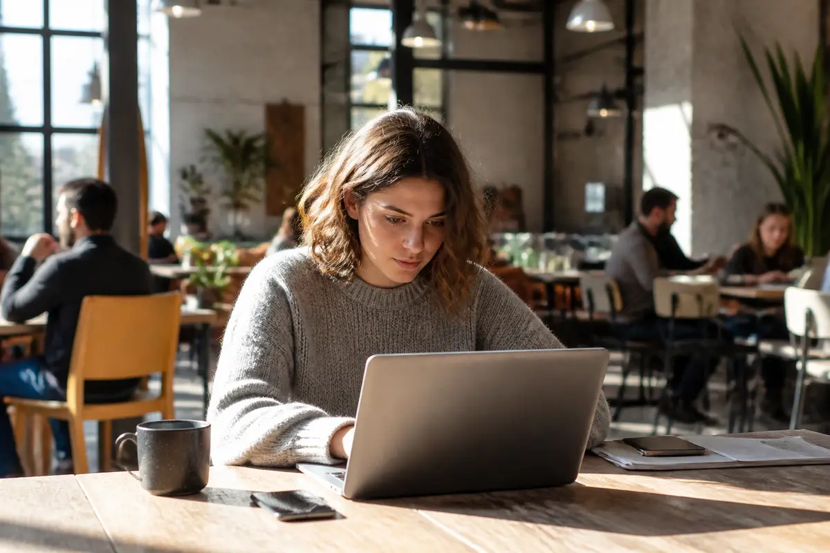 Femme travaillant sur un ordinateur portable dans un café pour consulter les tarifs de 123businessmag.fr