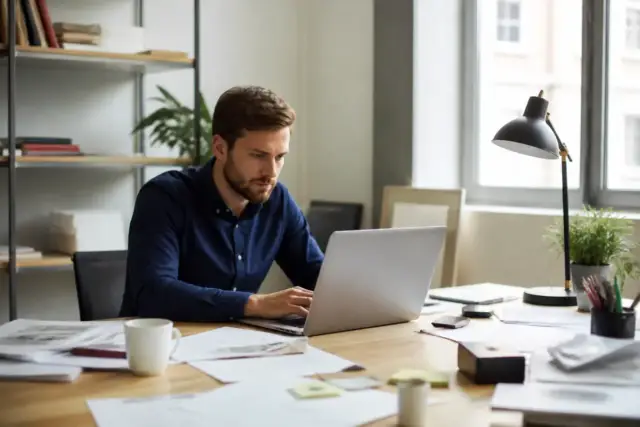 Homme concentré sur ordinateur pour comparer le prix du réseau d'entreprises B2B.