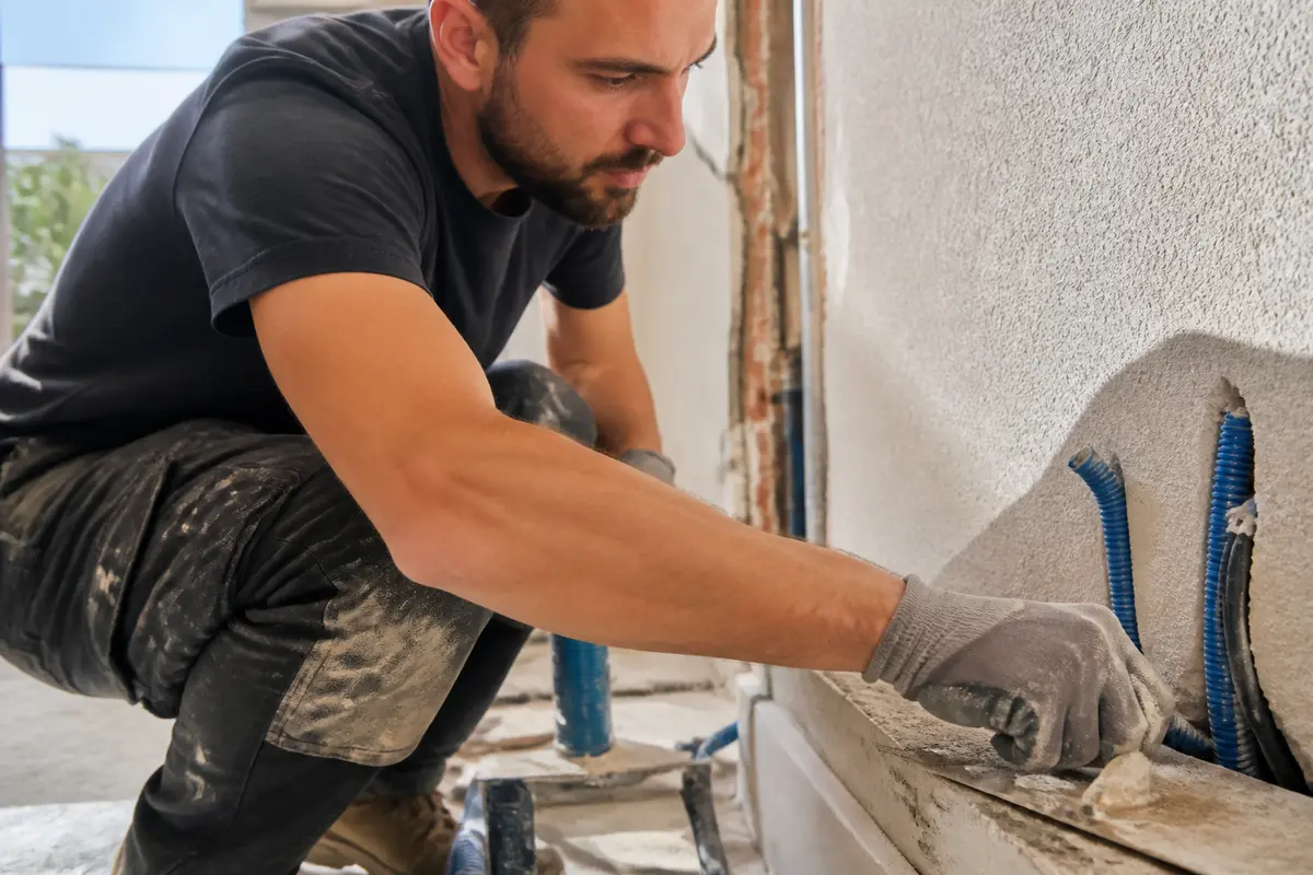 Un homme rénove un mur en plâtre pour construisonbusiness.fr dédié aux auto-entrepreneurs