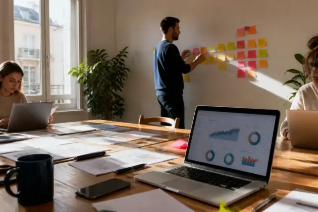 Salle de réunion professionnelle avec post-its et ordinateurs pour créer une société frenchy-business-pro