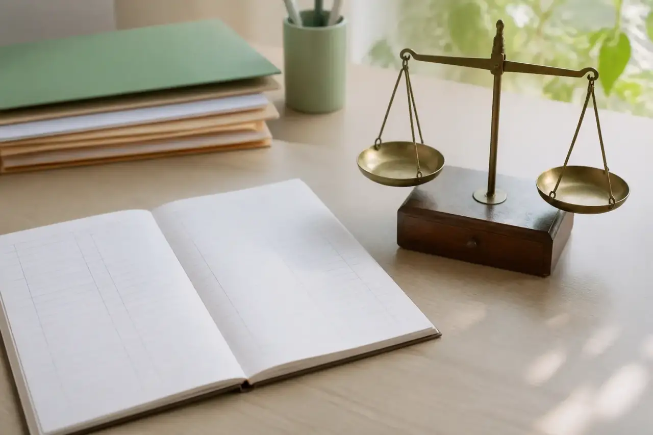 Carnet ouvert sur deux colonnes de chiffres, une balance à plateaux simple posée à côté, lumière douce sur un bureau