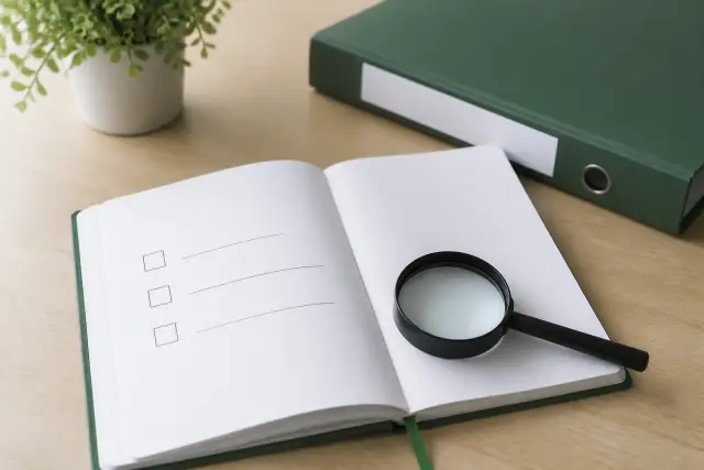 Carnet ouvert sur une liste de trois cases à cocher, une loupe posée sur la dernière ligne, un classeur fermé à l’arrière-plan