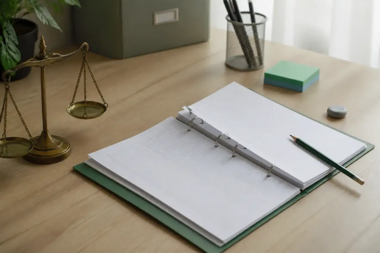 Dossier ouvert sur une table de bureau, listes de créanciers annotées au crayon, balance simple posée à côté du carnet