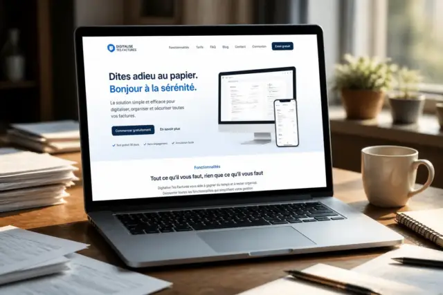 Ordinateur affichant service de digitalisation des factures avec devis gratuit sur digitalise-tes-factures.fr