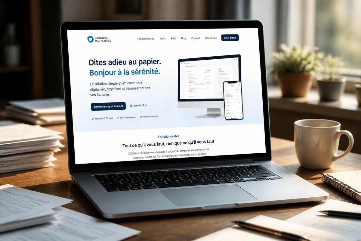 Ordinateur affichant service de digitalisation des factures avec devis gratuit sur digitalise-tes-factures.fr