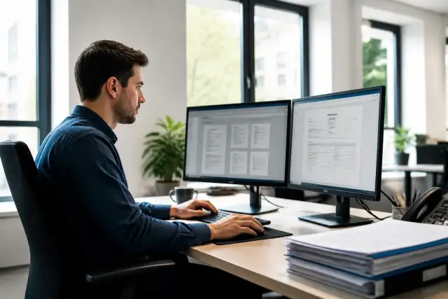 Homme travaille sur facturation électronique avec deux écrans d'ordinateur dans un bureau moderne