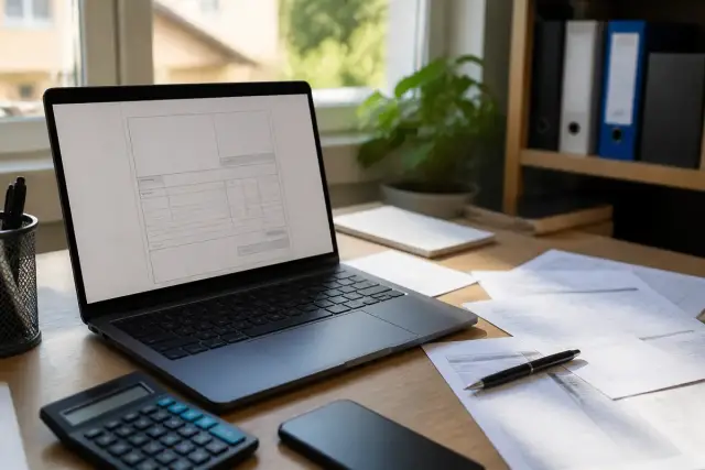 Ordinateur affichant une facture électronique pour autoentrepreneur sur un bureau éclairé par le soleil