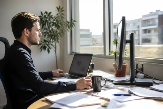 Homme travaillant à son bureau, utilisant formule de markeonbiz.fr sur ordinateur portable et écran