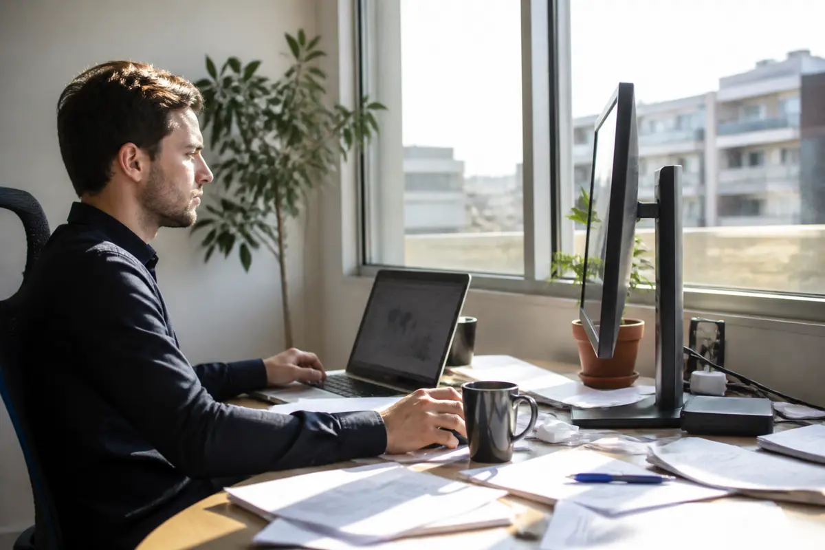 Homme travaillant à son bureau, utilisant formule de markeonbiz.fr sur ordinateur portable et écran