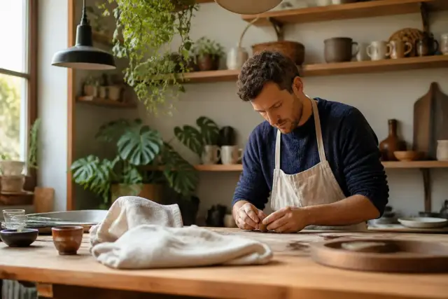 Homme cuisinant dans une cuisine cosy, représentant le concept hygge à la maison pour entreprises