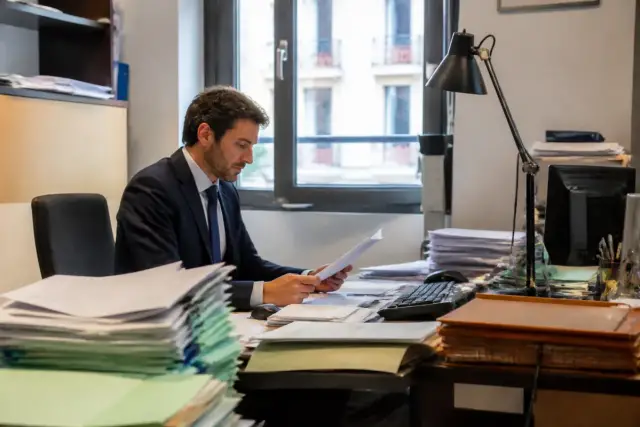 Un homme en costume examine des documents relatifs à une liquidation judiciaire dans un bureau.