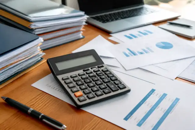 Calculatrice et documents financiers pour calculer les frais de cession de fonds de commerce