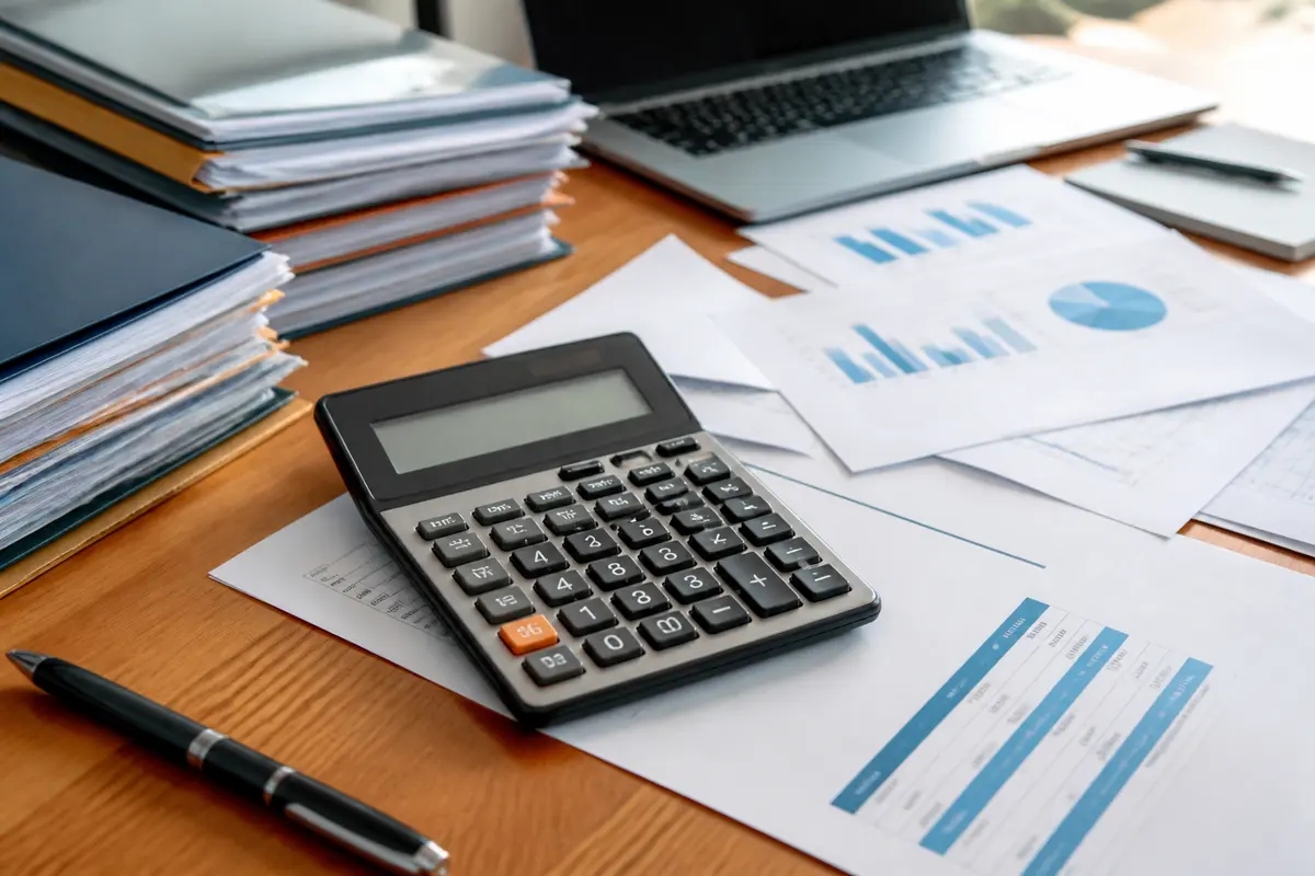 Calculatrice et documents financiers pour calculer les frais de cession de fonds de commerce