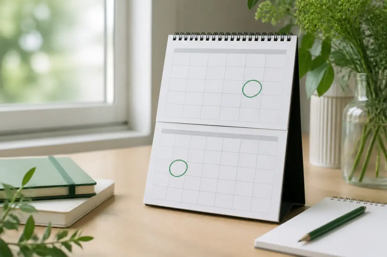Calendrier de bureau ouvert aux mois de juillet et de décembre, deux cases entourées au crayon vert, carnet et stylo à côté