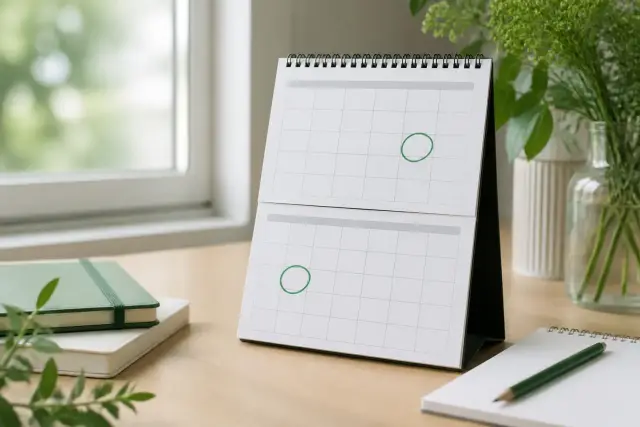 Calendrier de bureau ouvert aux mois de juillet et de décembre, deux cases entourées au crayon vert, carnet et stylo à côté