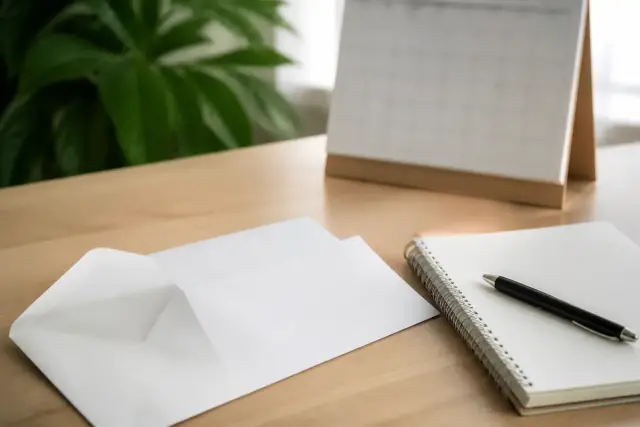 Enveloppe ouverte et avis d’imposition posés à côté d’un carnet et d’un stylo, calendrier de bureau en arrière-plan
