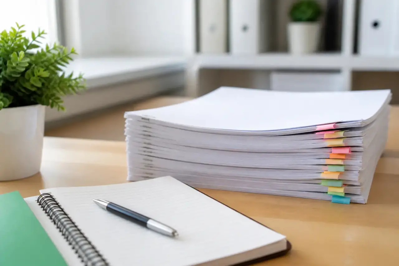 Pile de formulaires agrafés posée sur un bureau, onglets de couleur sur le côté, carnet ouvert et stylo au premier plan