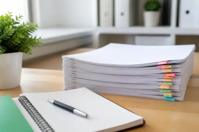 Pile de formulaires agrafés posée sur un bureau, onglets de couleur sur le côté, carnet ouvert et stylo au premier plan
