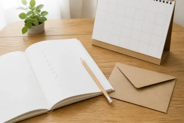 Carnet ouvert sur une liste de factures cochées au crayon, une enveloppe fermée et un calendrier posés sur une table en bois
