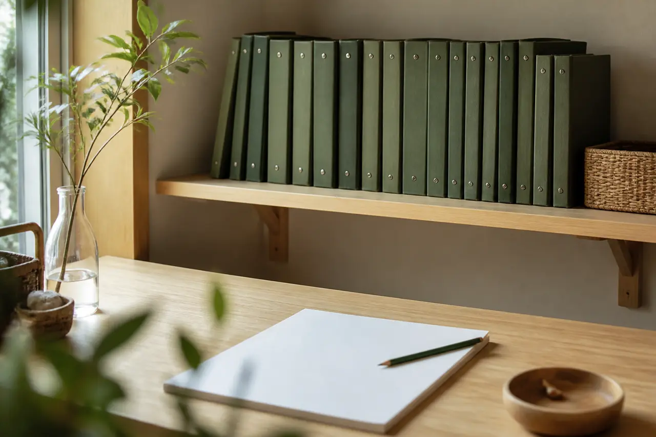 Des registres reliés de toile verte alignés sur une étagère en bois clair
