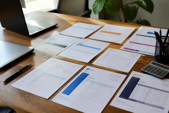 Documents étalés sur un bureau incluant des modèles de factures avec calculatrice et ordinateur