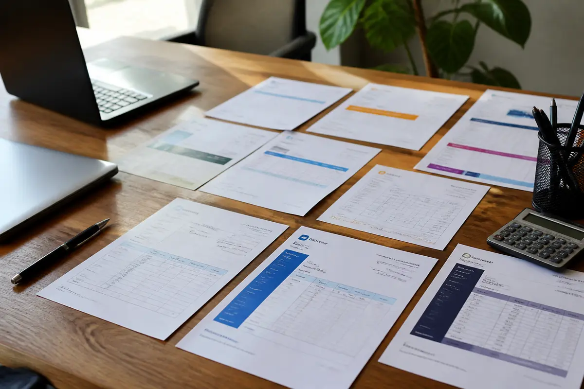 Documents étalés sur un bureau incluant des modèles de factures avec calculatrice et ordinateur
