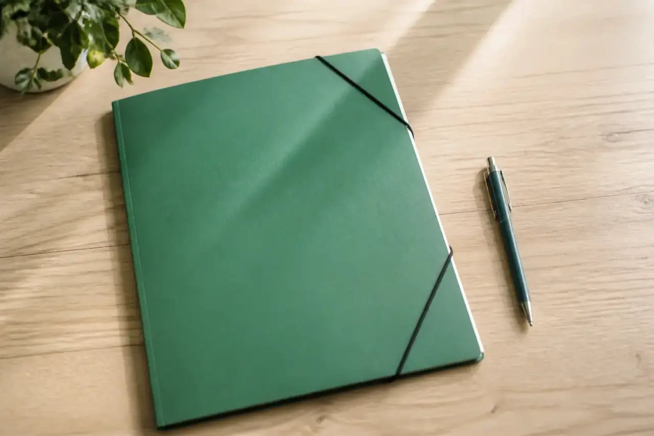 Un dossier à élastique vert et un stylo posés sur un bureau en bois clair