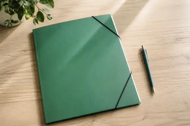 Un dossier à élastique vert et un stylo posés sur un bureau en bois clair