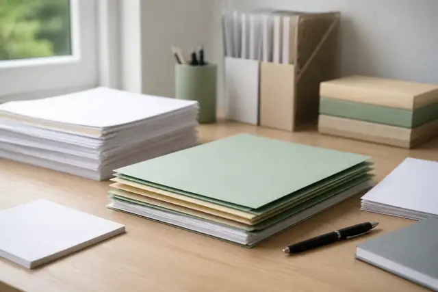 Des pochettes cartonnées et des documents rangés en piles nettes sur un bureau en bois clair, avec un stylo