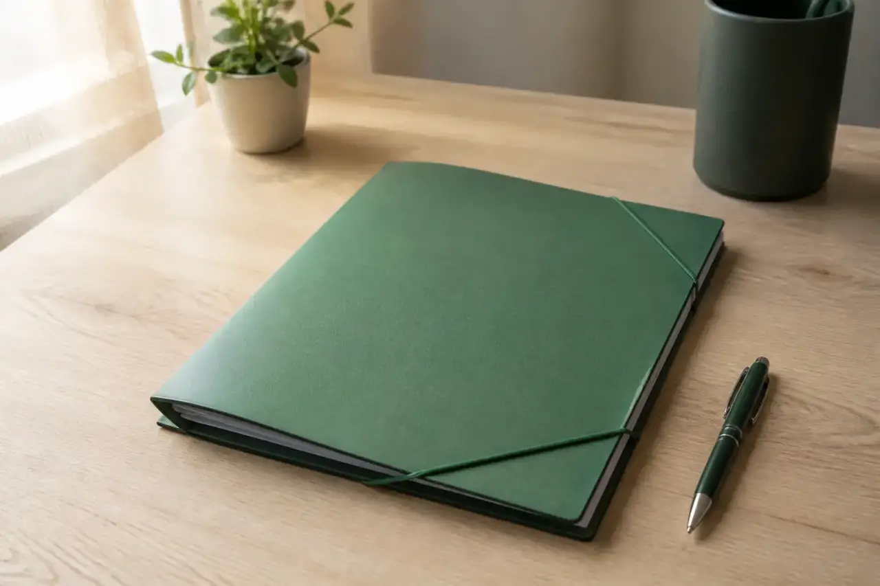 Un dossier à élastique vert posé sur un bureau, un stylo à côté