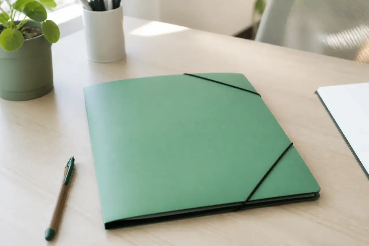 Un dossier à élastique vert posé sur un bureau, un stylo à côté