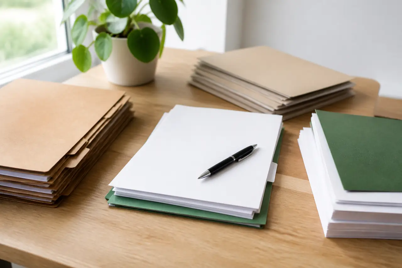 Des pochettes cartonnées et des documents rangés en piles nettes sur un bureau en bois clair, avec un stylo