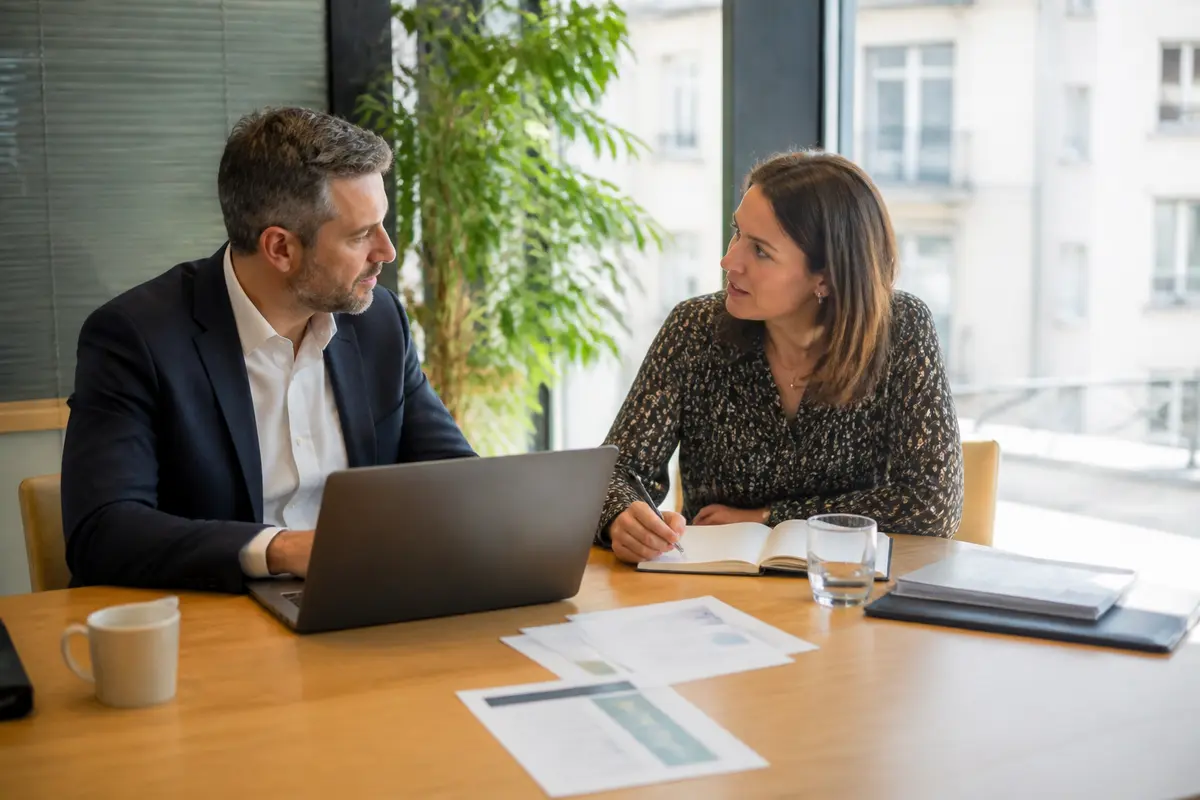 Deux collègues discutant d'un projet de partenariat avec Network-Entreprise.fr dans un bureau lumineux
