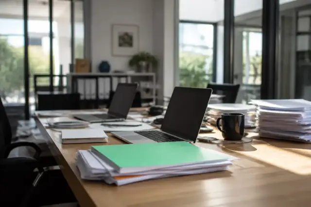 Bureau lumineux avec ordinateurs portables, dossiers empilés et information sur les prix Scalora Business