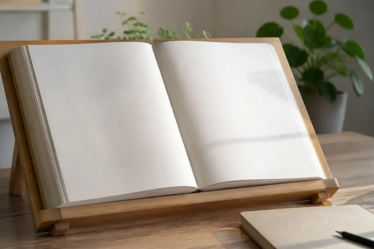 Un grand livre relié ouvert sur un pupitre en bois, pages vierges, lumière du matin