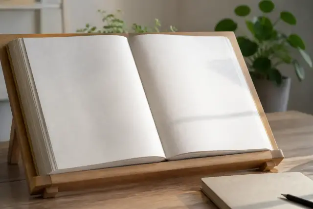 Un grand livre relié ouvert sur un pupitre en bois, pages vierges, lumière du matin
